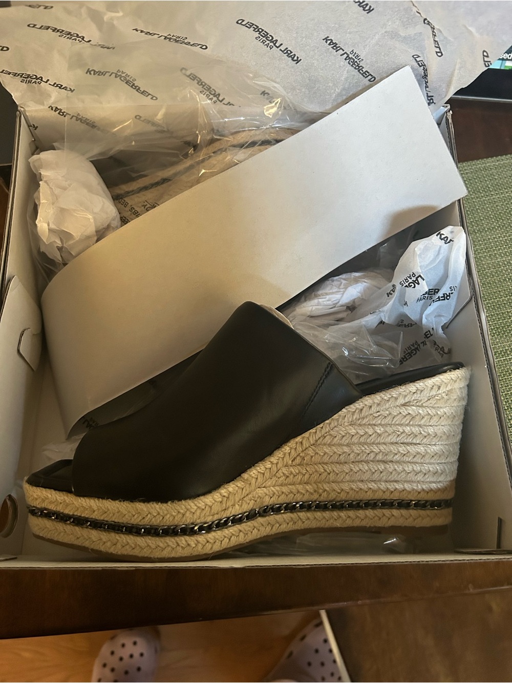 Karl Lagerfeld Black Leather Espadrille Wedge Sandals